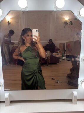 Elegant Olive Green Satin Halter Dress - Women's Evening Gown